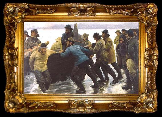 framed  Michael Ancher Fishermen setting a rowing boat ashore, ta009-2